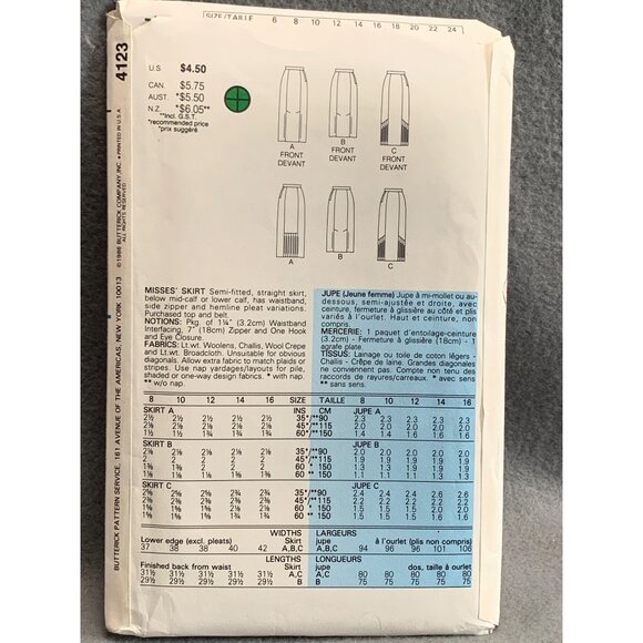 Butterick 4123 Misses' Skirt Pattern Size 14 Straight Skirt with Pleats - uncut - Picture 2 of 2